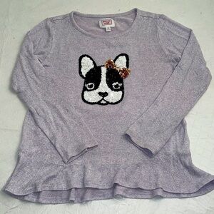 Bailey Lane sequin Boston Terrier lavender long sleeve top with ruffle hem